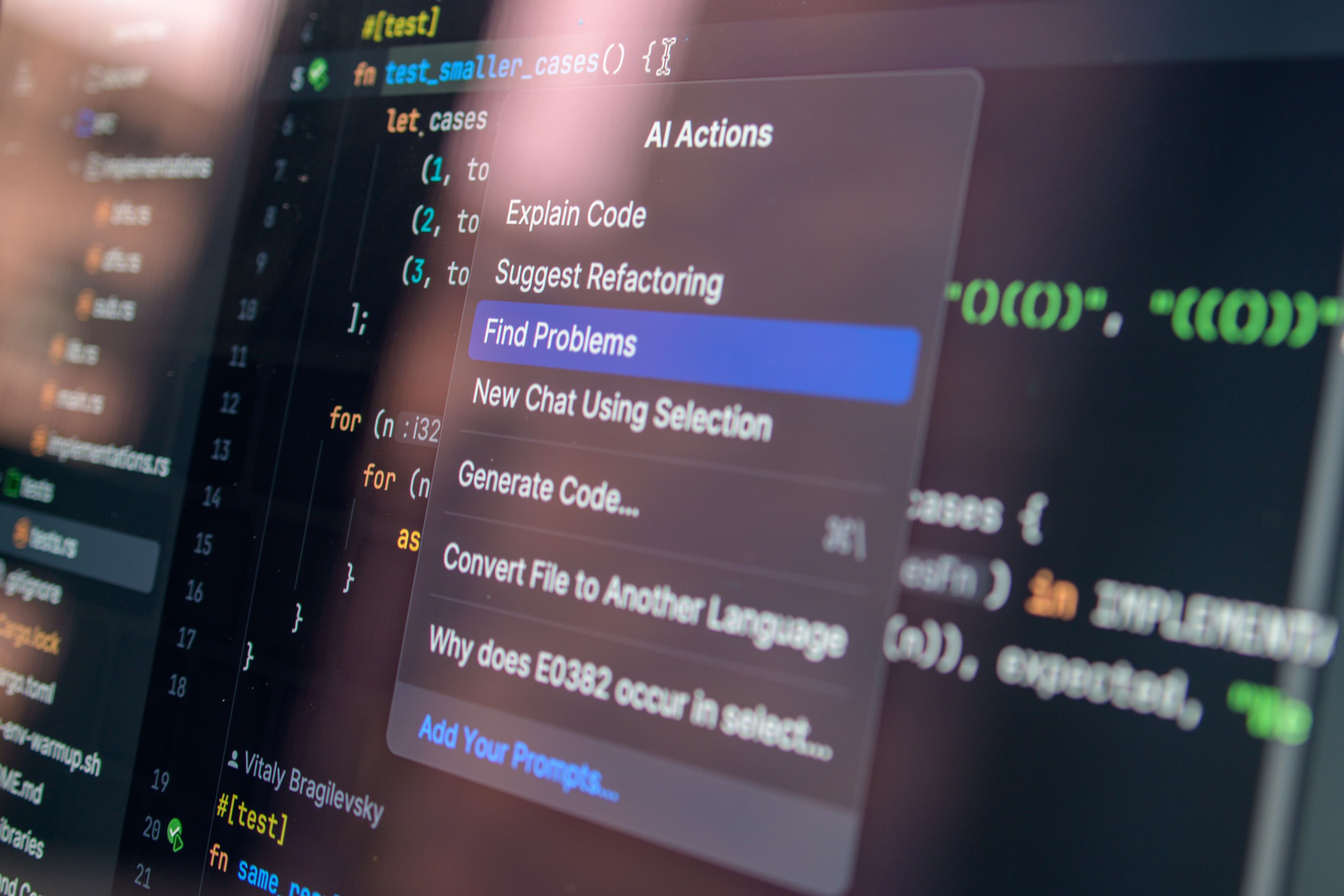 An AI code-review actions menu open over a code editor