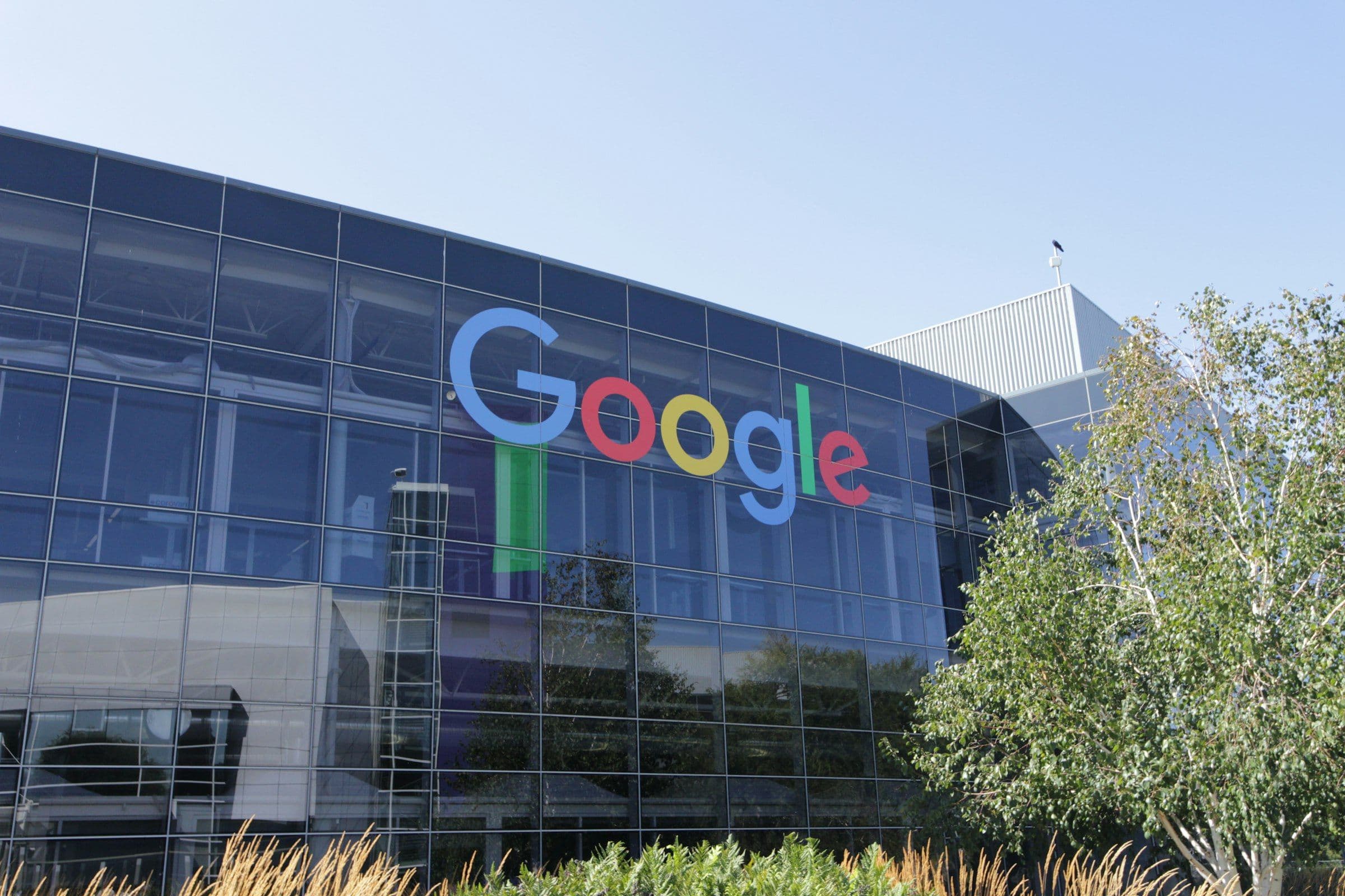 Google office building exterior with the Google logo displayed in colourful lettering